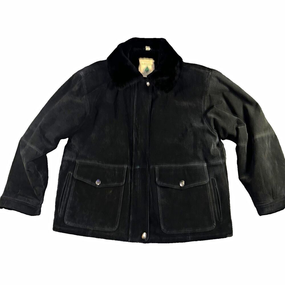 Vtg 90s Northwest Territory Mens M Black Suede Leather Fur Collar Bomber Jacket